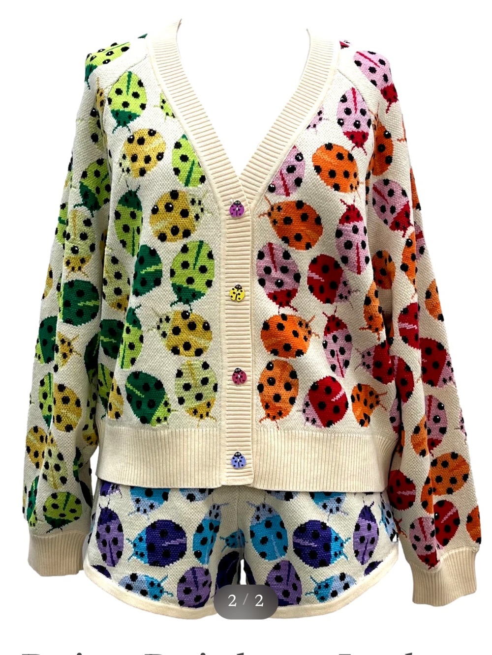 RARE SET QUEEN OF SPARKLES Cream Multicolor Ladybug Knit Cardigan M short S